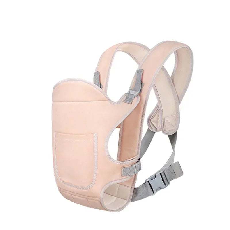 4-in-1 baby carrier strap with adjustable padded shoulder straps and wide waist belt for ergonomic hands-free baby carrying