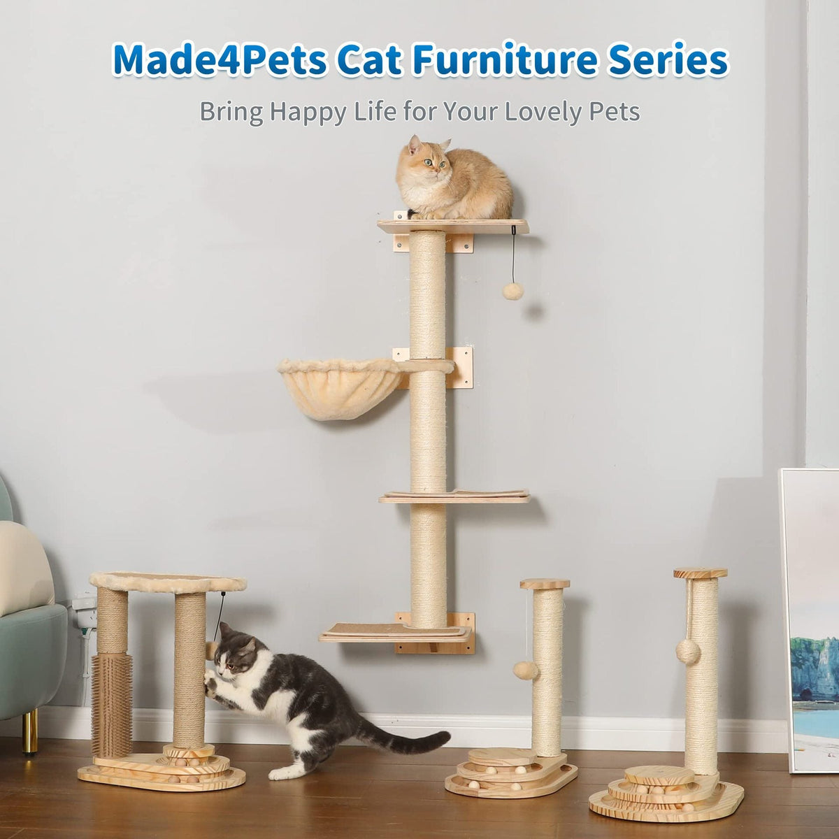 Compact cat scratching post with sisal scratcher, grooming brush, ball track, and soft perch for indoor cats.
