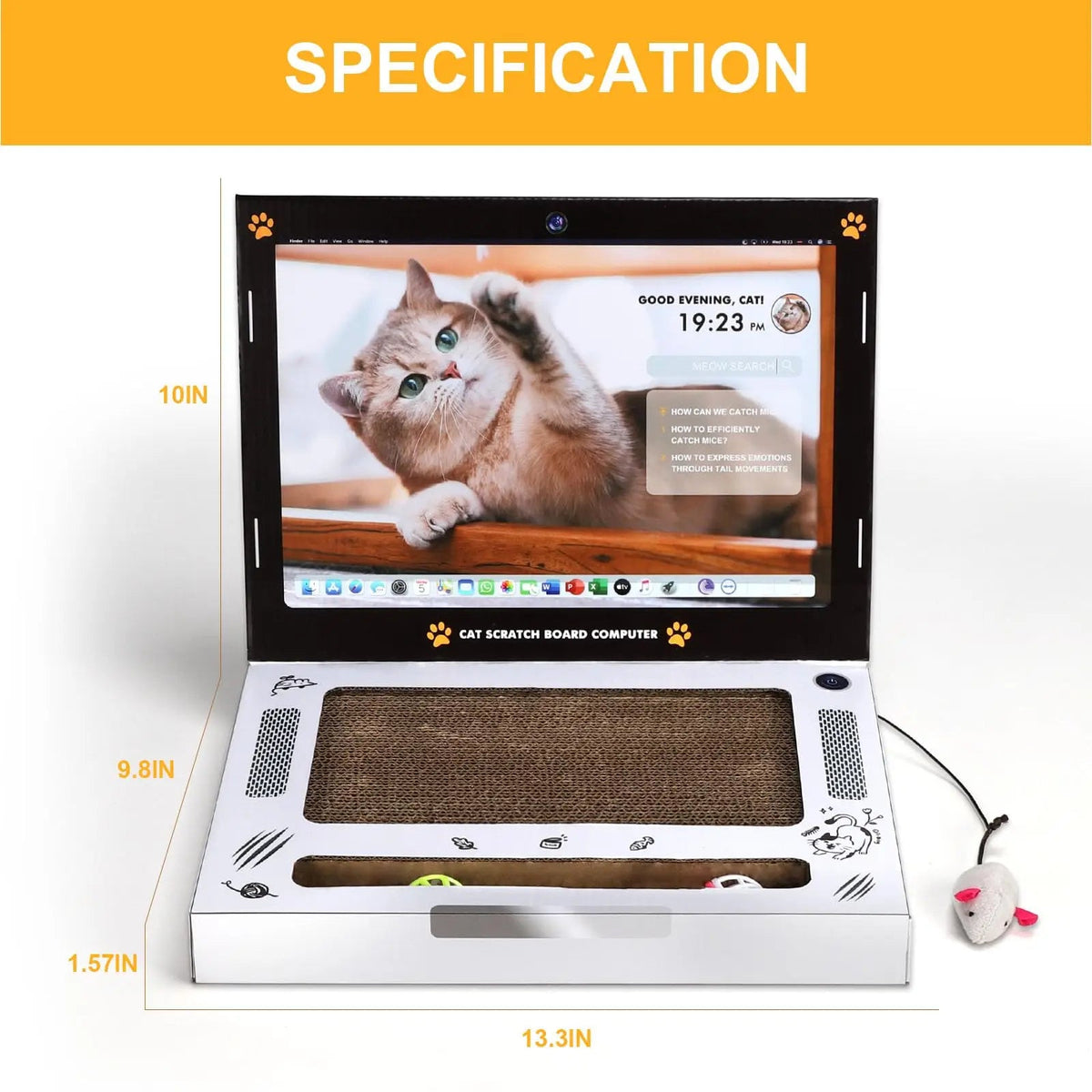 Laptop-style cat scratching board with cardboard keyboard, fluffy mouse, and ball track pad for indoor cats.