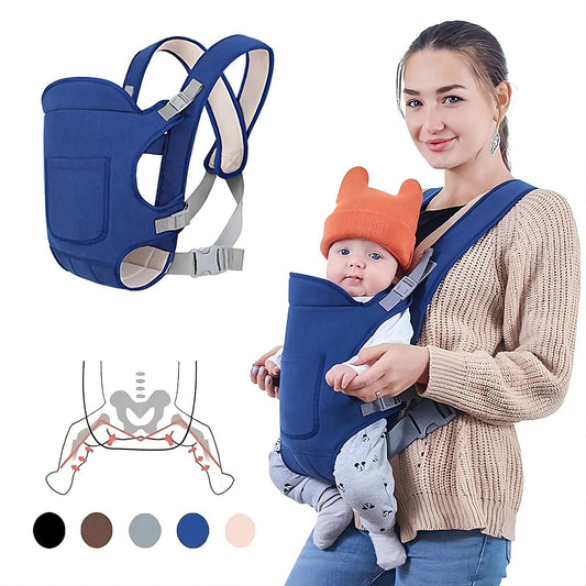 4-in-1 baby carrier strap with adjustable padded shoulder straps and wide waist belt for ergonomic hands-free baby carrying