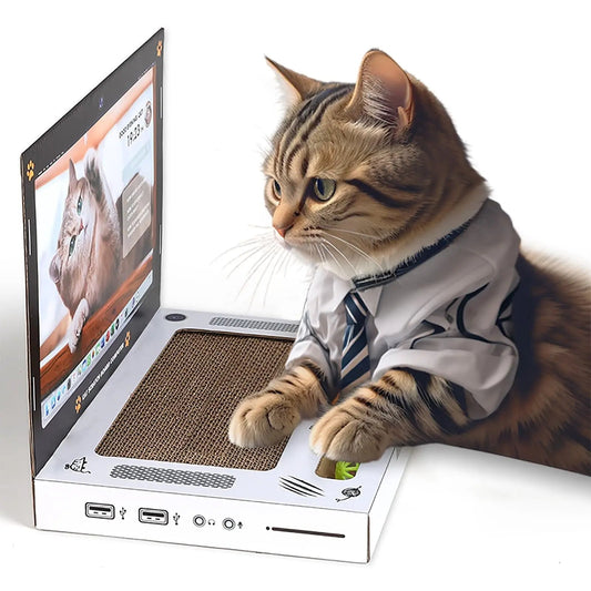 Laptop-style cat scratching board with cardboard keyboard, fluffy mouse, and ball track pad for indoor cats.