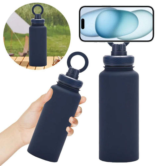 HydraMount insulated stainless steel water bottle with MagSafe phone mount and leak-resistant lid