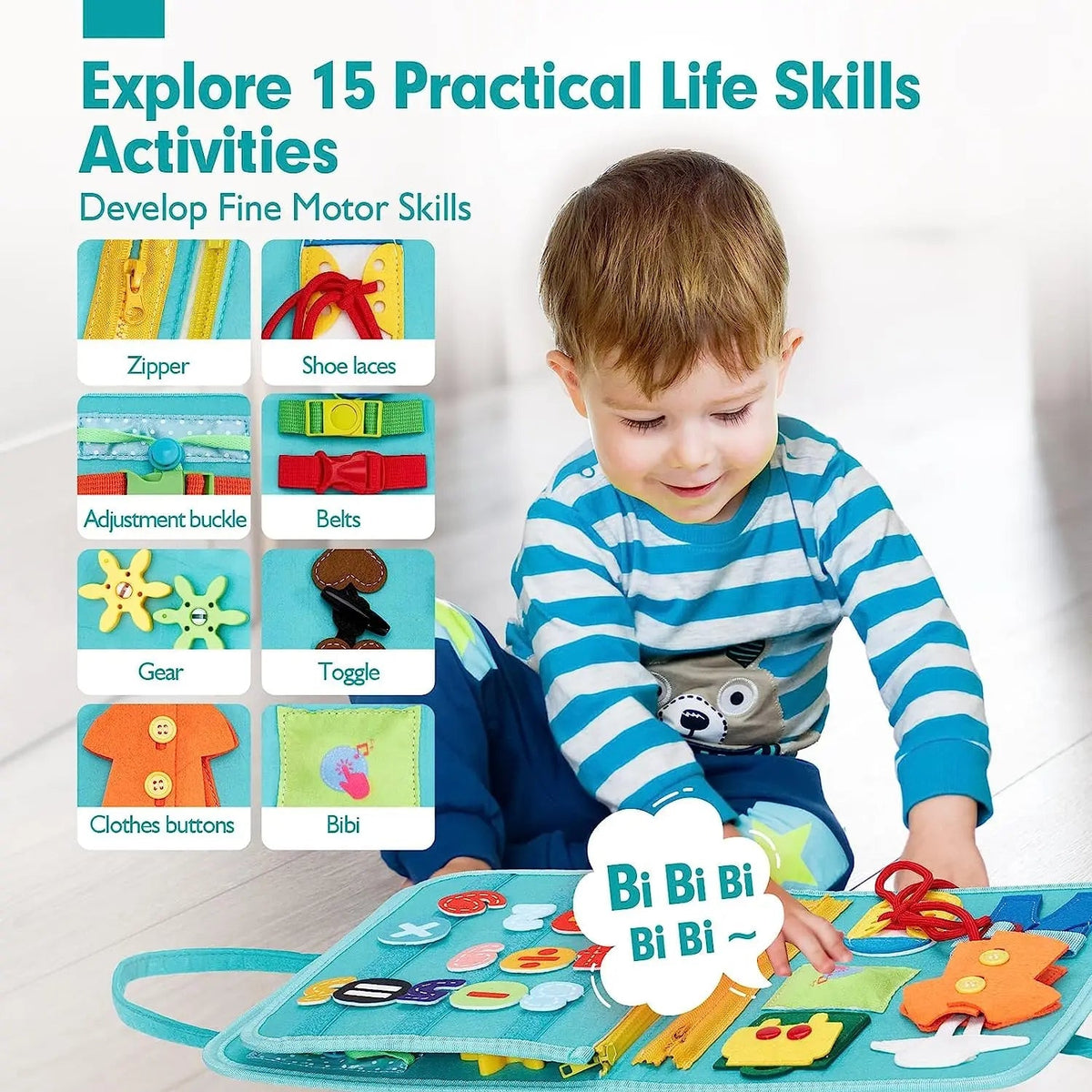 Montessori Busy Book with eight interactive fabric pages for toddler skill-building and sensory play