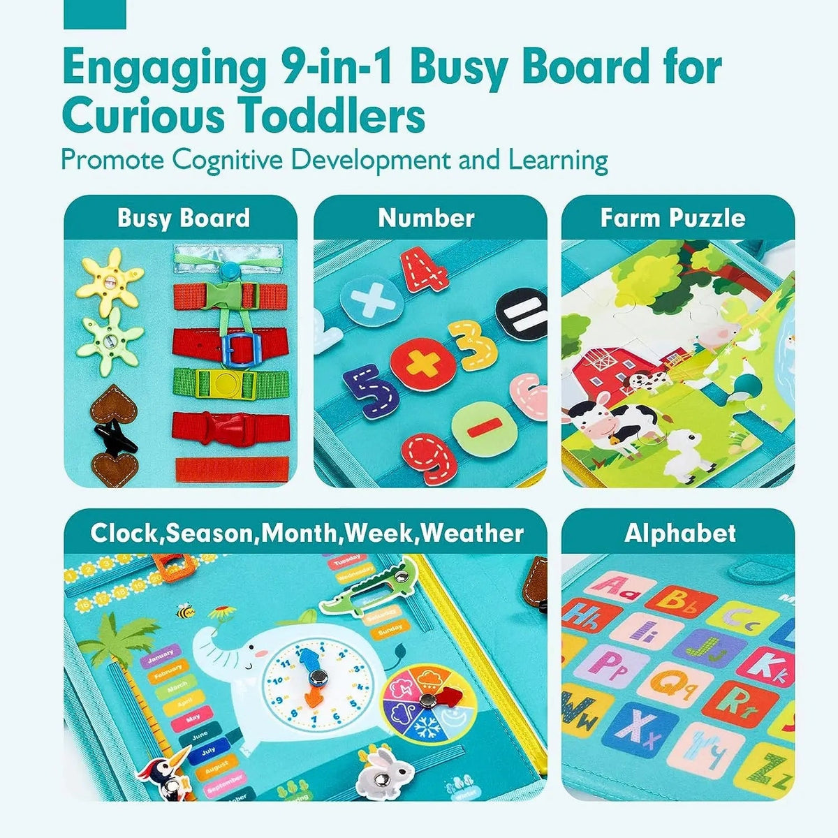 Montessori Busy Book with eight interactive fabric pages for toddler skill-building and sensory play
