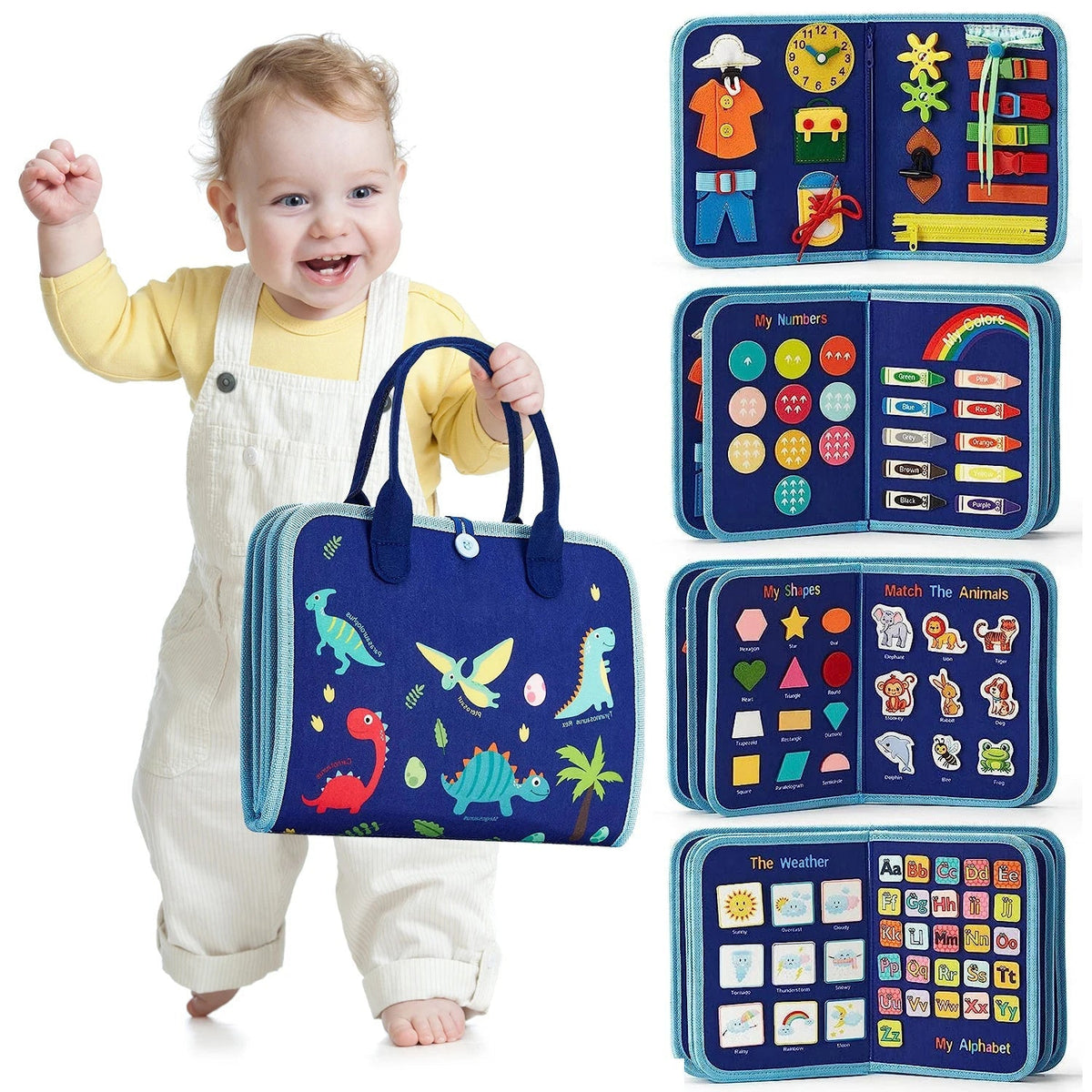 Montessori Busy Book with eight interactive fabric pages for toddler skill-building and sensory play