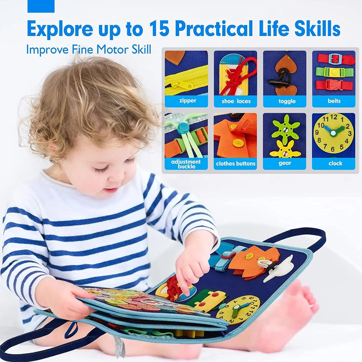 Montessori Busy Book with eight interactive fabric pages for toddler skill-building and sensory play