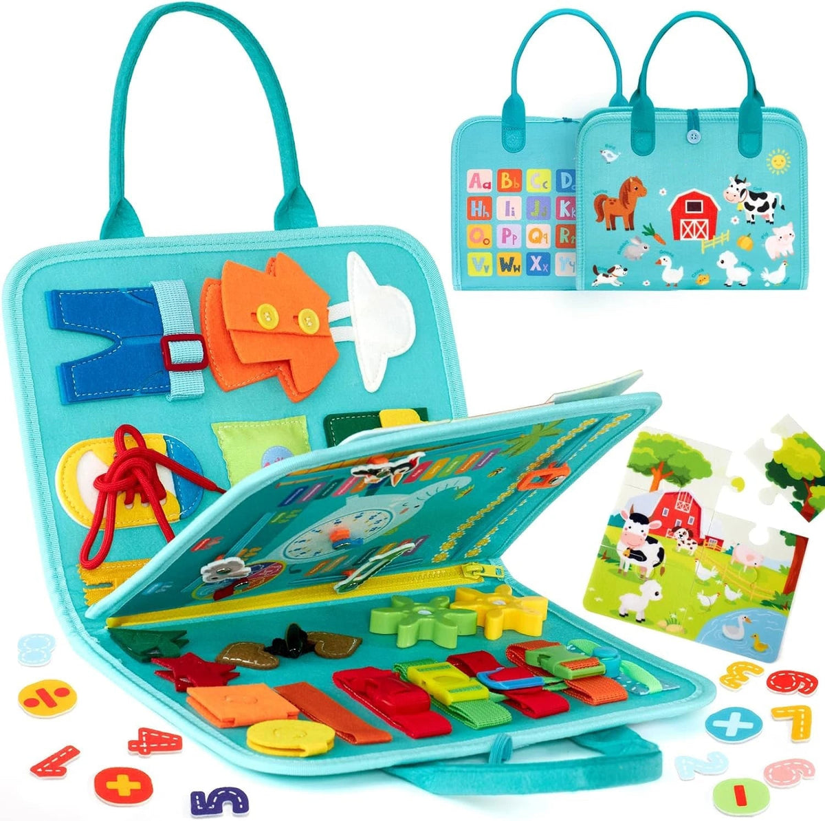 Montessori Busy Book with eight interactive fabric pages for toddler skill-building and sensory play